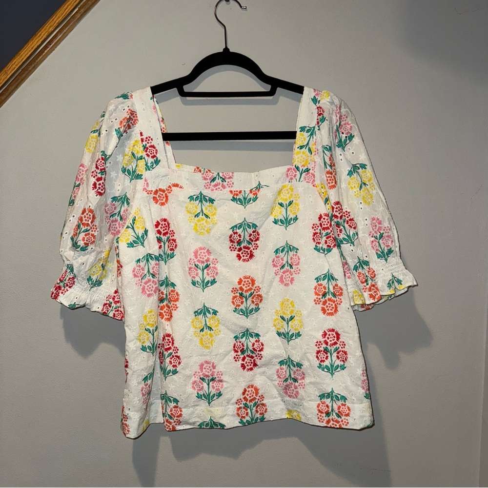 Draper James White Floral Eyelet Square-Neck Blouse